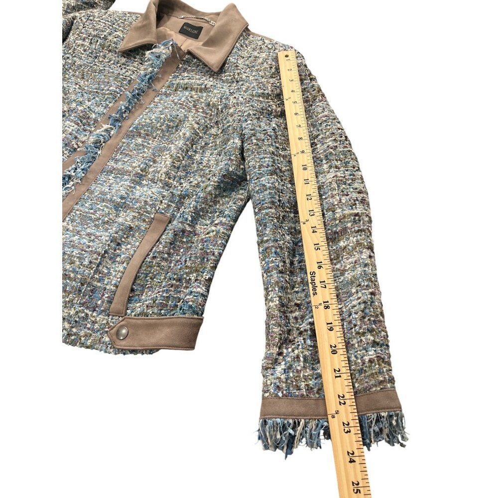 Madeleine Womens Size XL Blazer Blue Tweed & Taupe Faux Suede Jacket - Picture 7 of 7